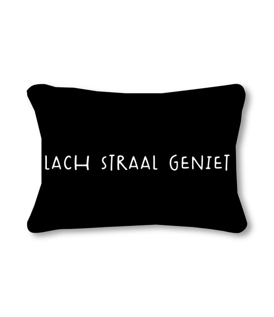 Buitenkussen 50x30 zwart met tekst Lach Straal Geniet – waterafstotend tuinkussen