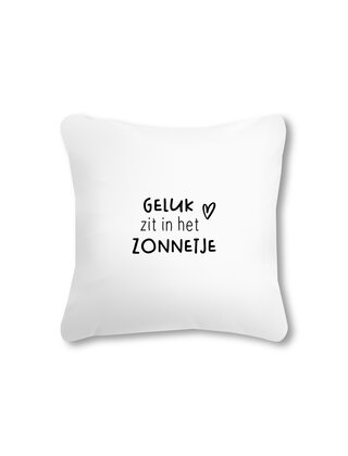 Buitenkussen 40x40 – wit met tekst Geluk zit in het zonnetje