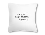 Buitenkussen 40x40 wit met tekst Mijn favoriete plekje is in de zon – waterafstotend tuinkussen