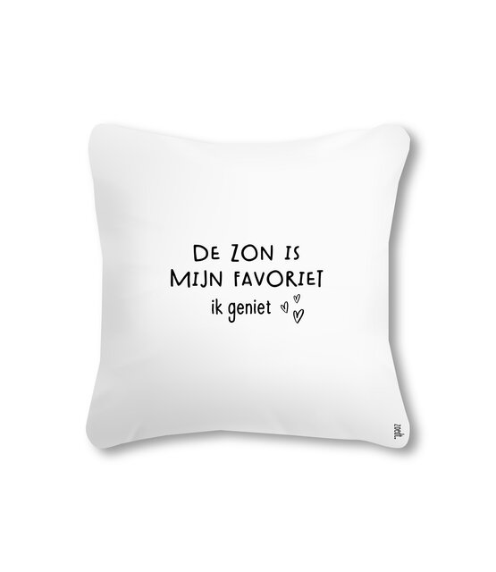 Buitenkussen 40x40 wit met tekst Mijn favoriete plekje is in de zon – waterafstotend tuinkussen