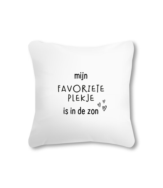 Buitenkussen 40x40 wit met tekst Mijn favoriete plekje is in de zon – waterafstotend tuinkussen