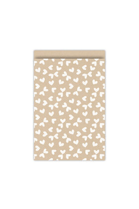 Cadeauzakjes set van 5 - kraft met witte hartjes