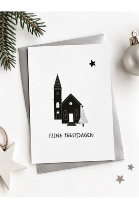 Kerstkaart kerkje  ‘Fijne feestdagen’