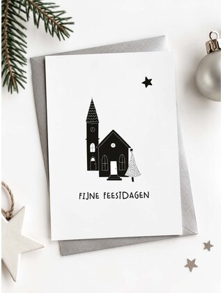 Kerstkaart kerkje  ‘Fijne feestdagen’
