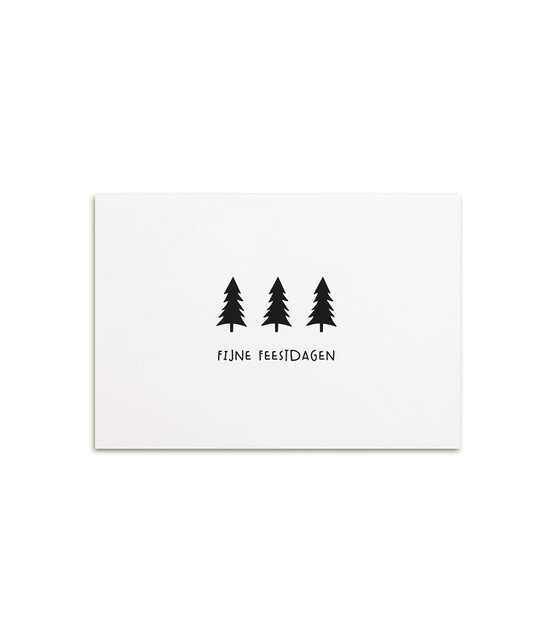 Kerstkaart met kerstbomen en tekst ‘Fijne feestdagen’