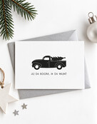 Kerstkaart met auto en kerstboom ‘Jij de boom, ik de wijn?’