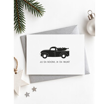 Kerstkaart met auto en kerstboom ‘Jij de boom, ik de wijn?’