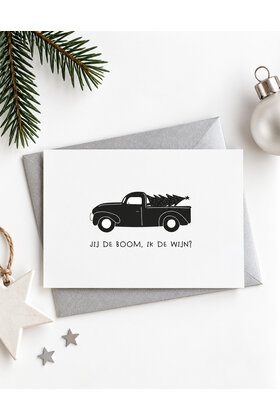 Kerstkaart auto – Jij de boom, ik de wijn?