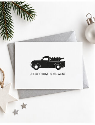 Kerstkaart auto – Jij de boom, ik de wijn?