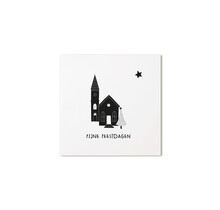 Kerst cadeaukaartje met kerkje en tekst ‘Fijne feestdagen’