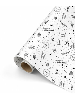 Cadeaupapier wit met zwarte tekstjes - verjaardag