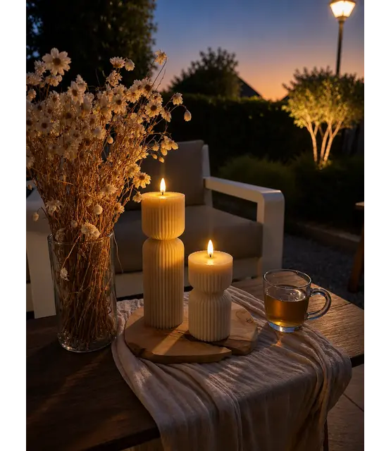 Hoge ribbel LED kaarsen beige All Season – set van 2 voor binnen en buiten