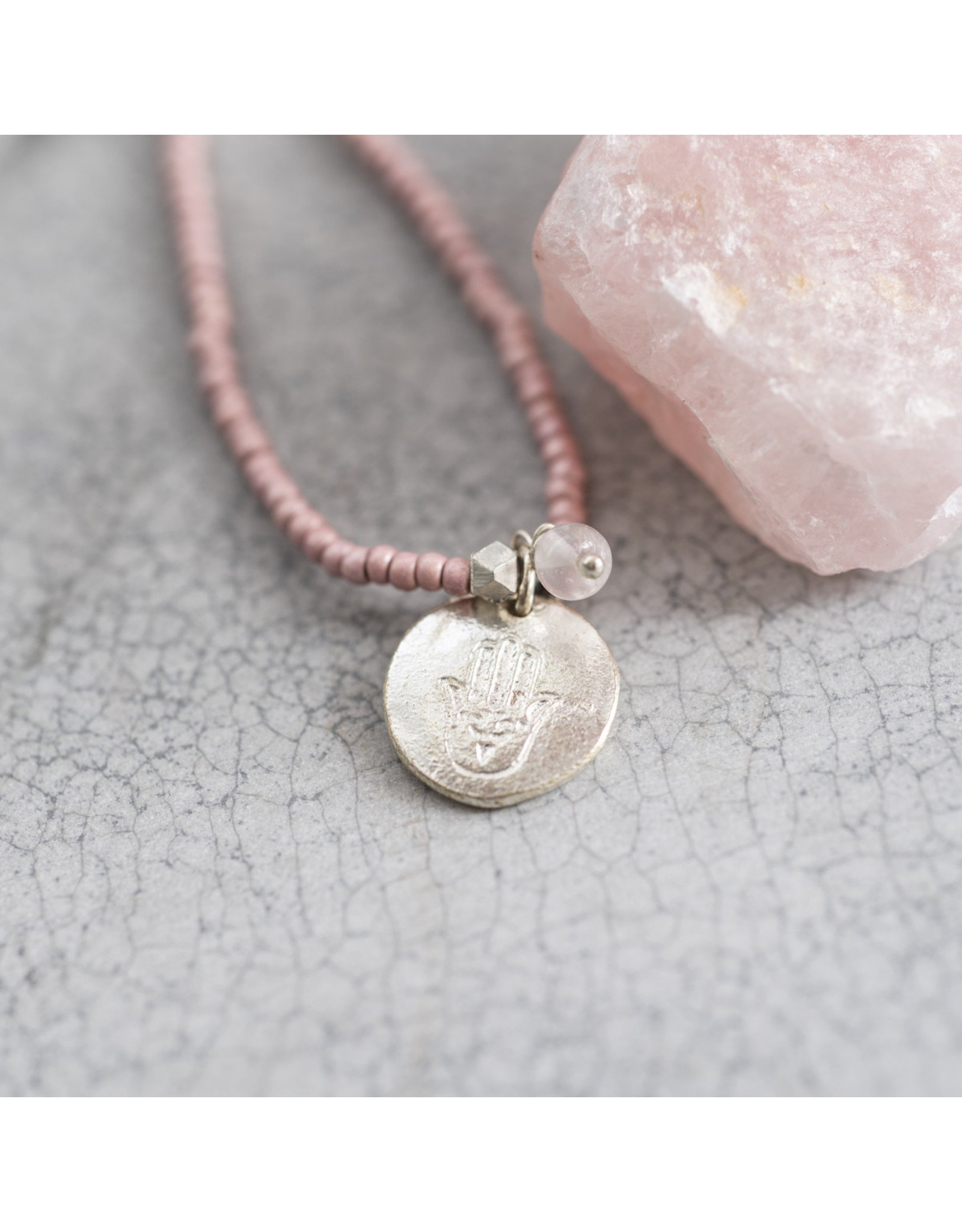 A beautiful Story Truly Rose Quartz Hamsa Silver Necklace