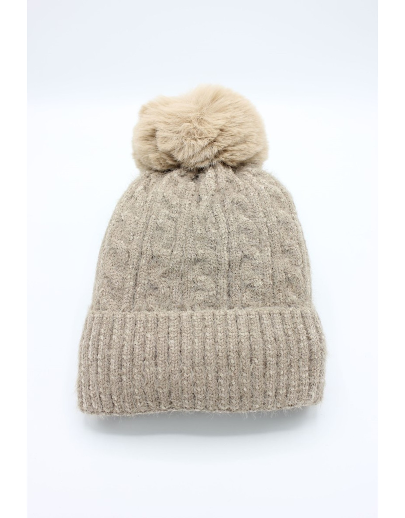PARIS ES'TYL Chenille Fine Cable Fleece Lined Hat with Detachable Faux Fur Bobble