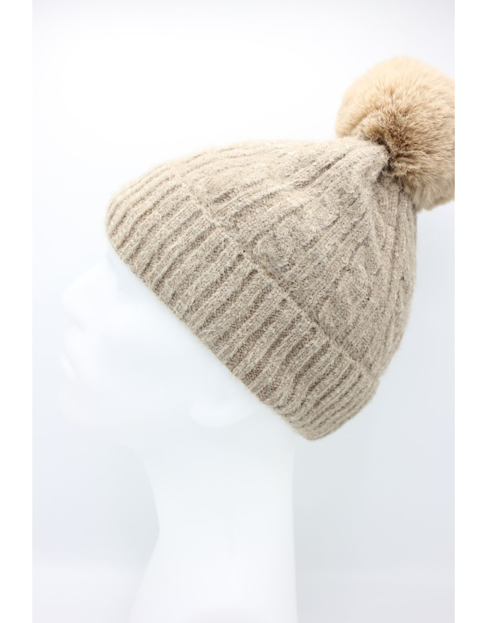 PARIS ES'TYL Chenille Fine Cable Fleece Lined Hat with Detachable Faux Fur Bobble