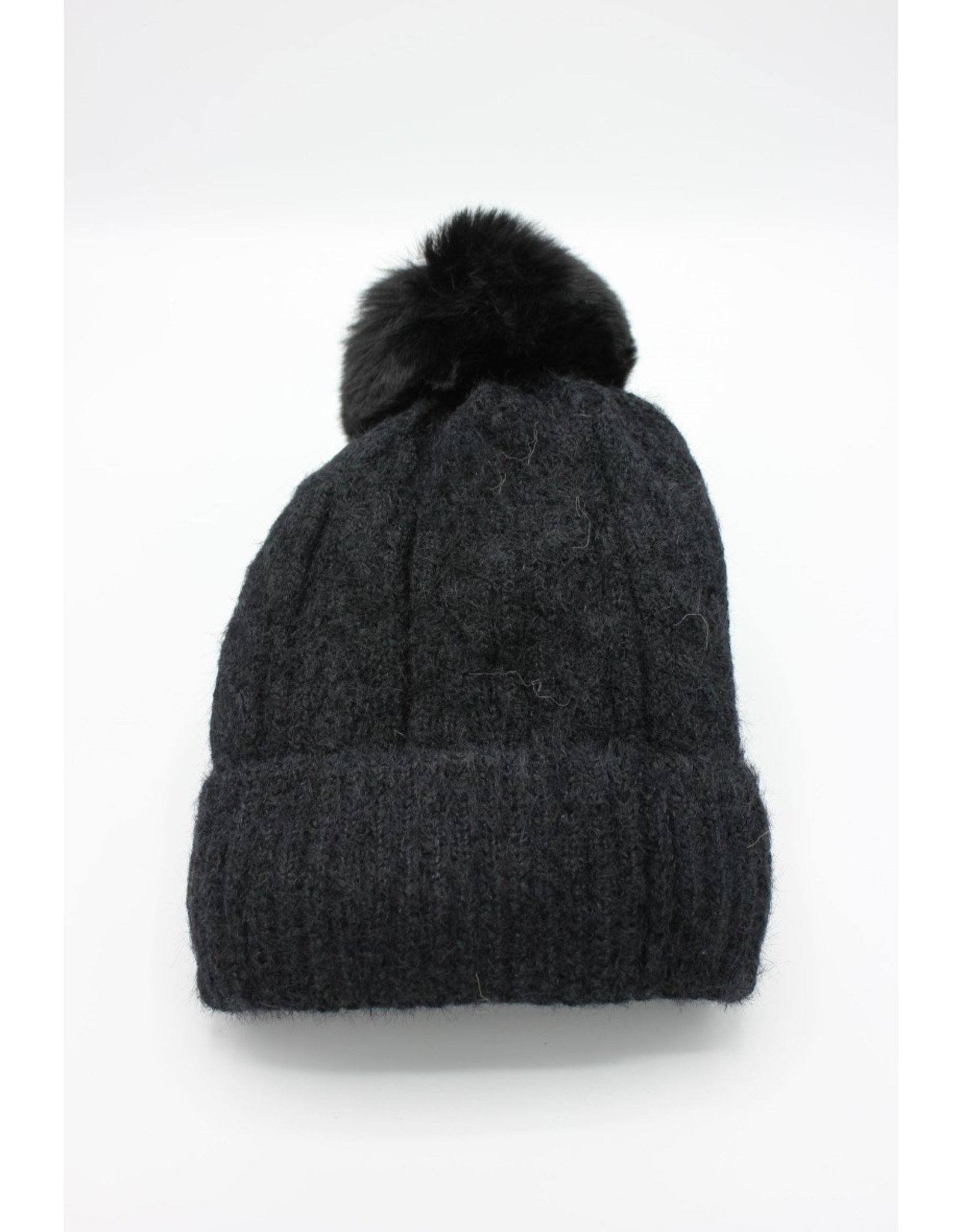 PARIS ES'TYL Chenille Fine Cable Fleece Lined Hat with Detachable Faux Fur Bobble