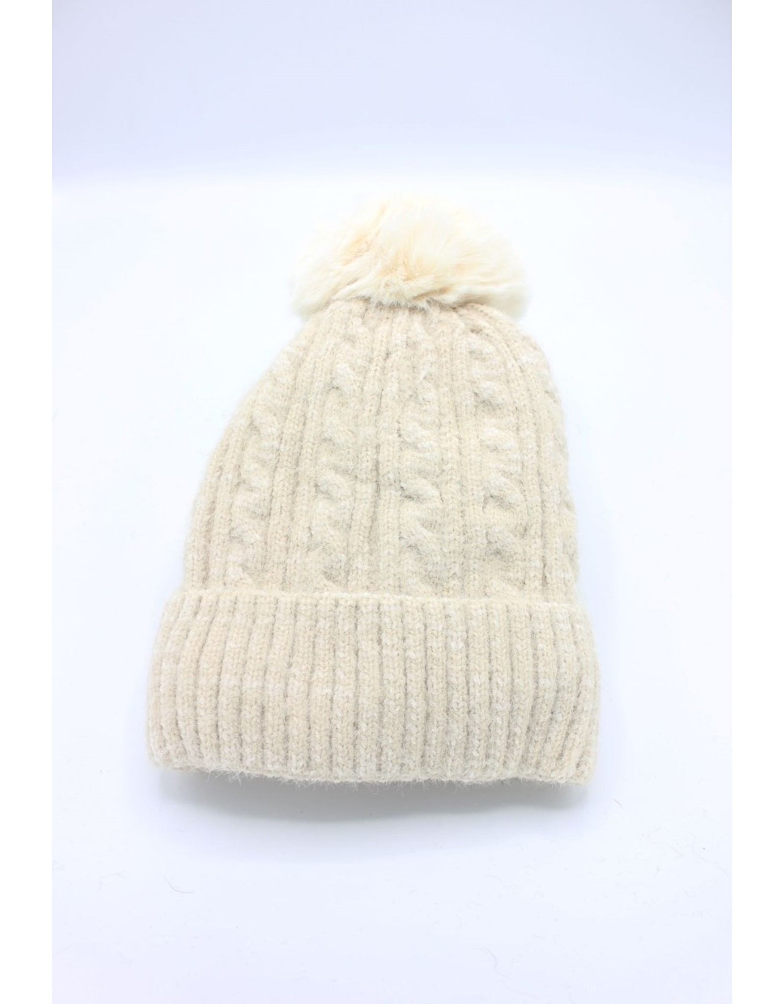 PARIS ES'TYL Chenille Fine Cable Fleece Lined Hat with Detachable Faux Fur Bobble