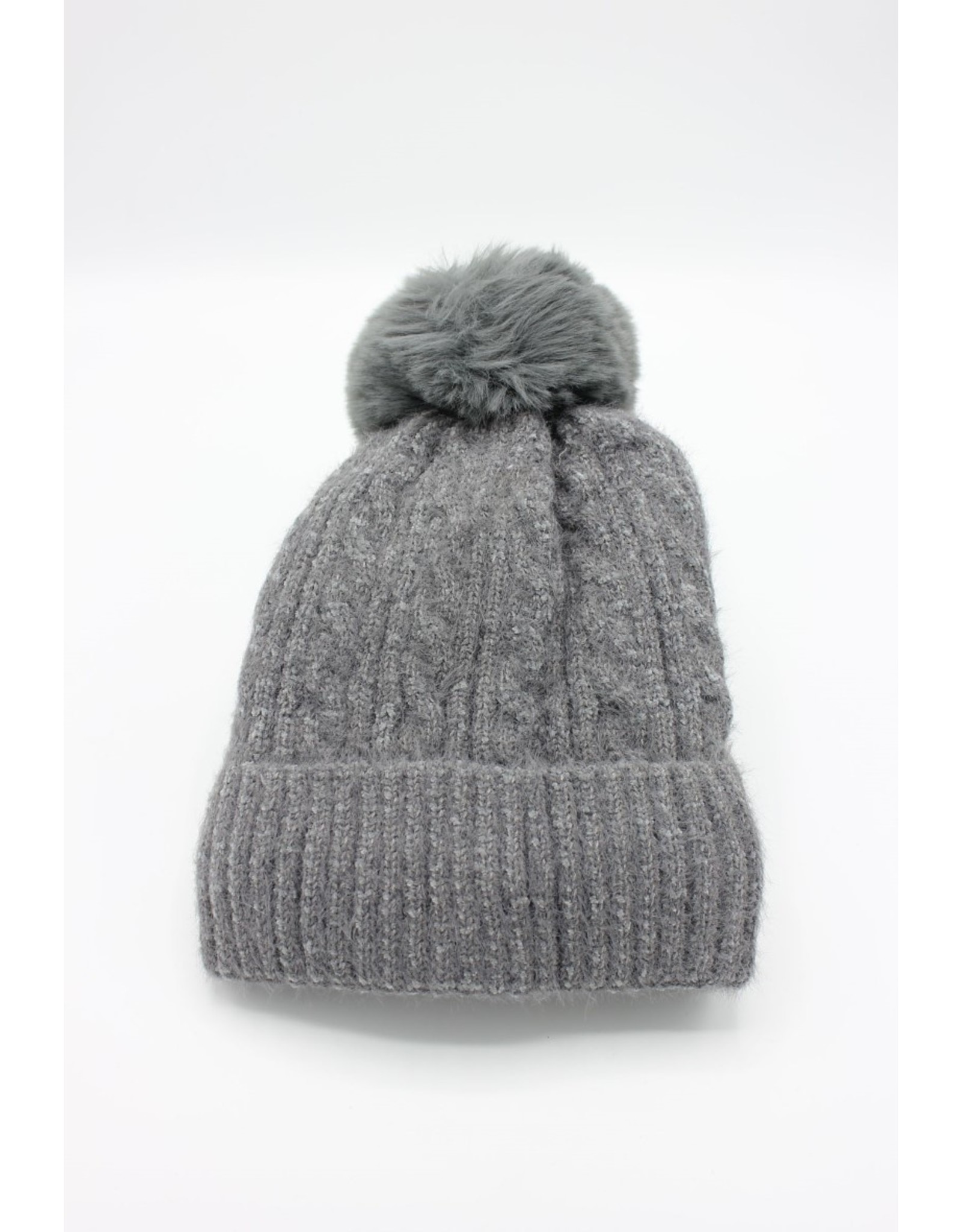 PARIS ES'TYL Chenille Fine Cable Fleece Lined Hat with Detachable Faux Fur Bobble