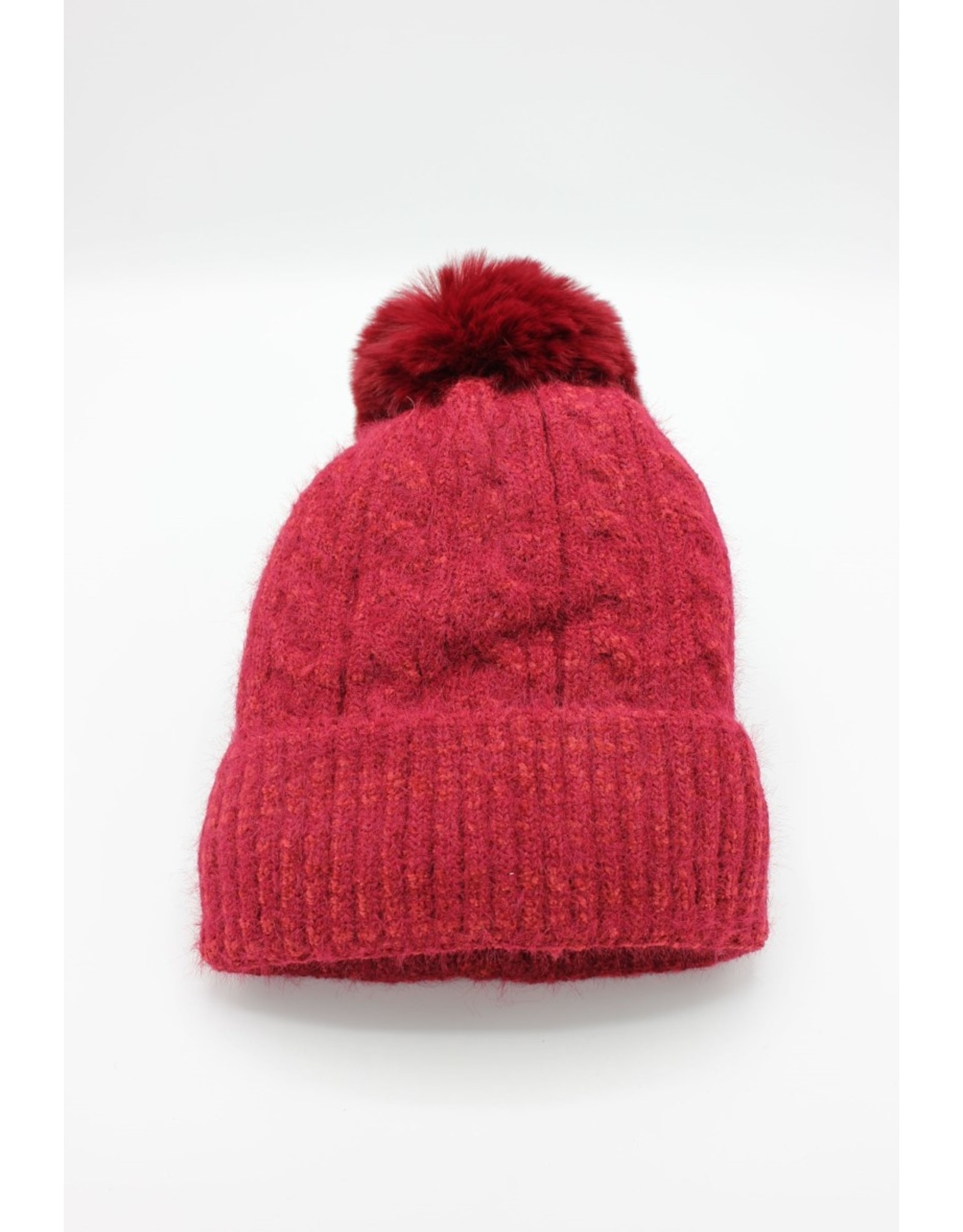 PARIS ES'TYL Chenille Fine Cable Fleece Lined Hat with Detachable Faux Fur Bobble