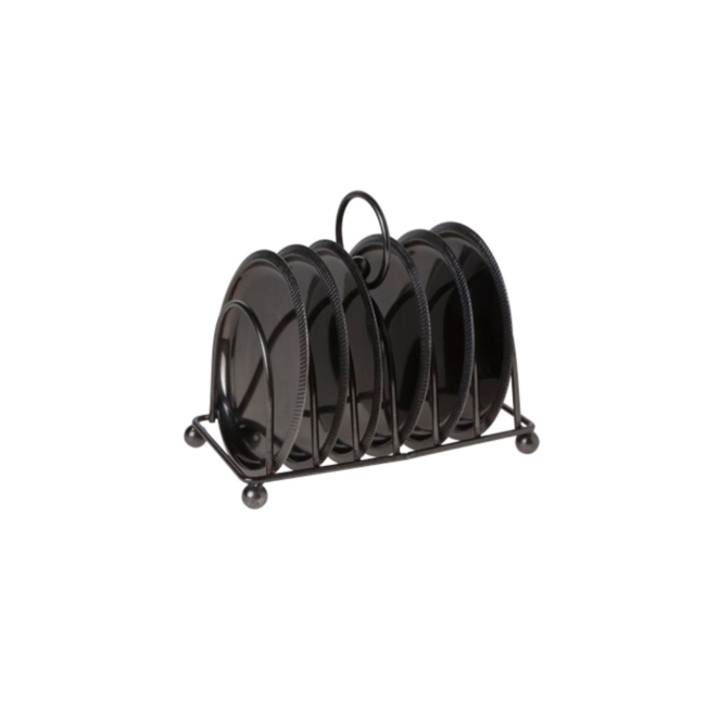 Black coasters in rack