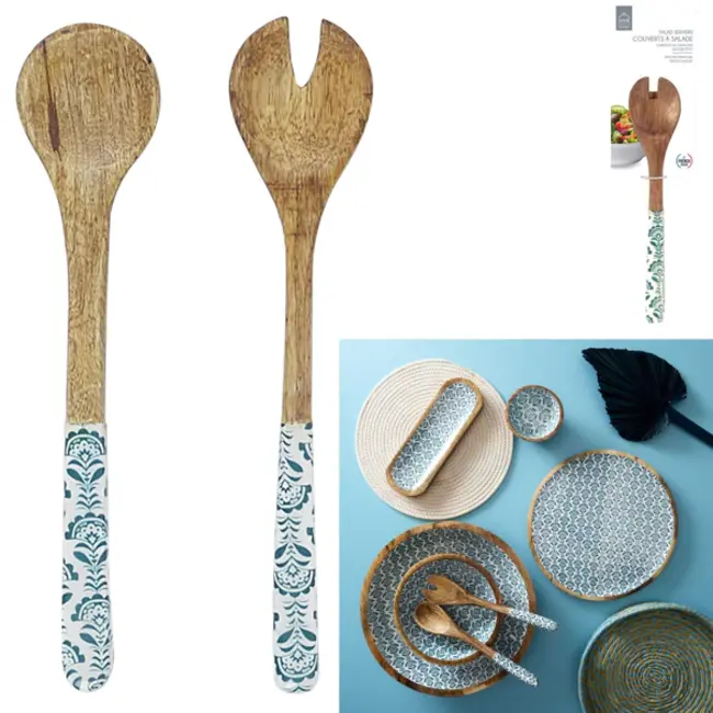 Blue salad servers with pattern