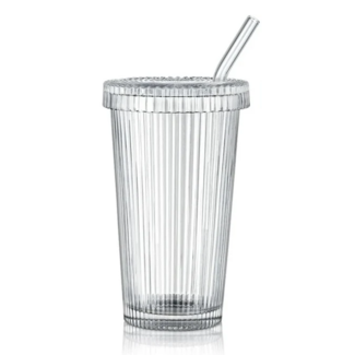 Geribbelde Drinkglas met Glazen Rietje & Deksel