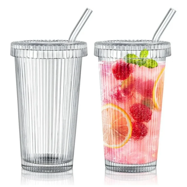 Geribbelde Drinkglas met Glazen Rietje & Deksel