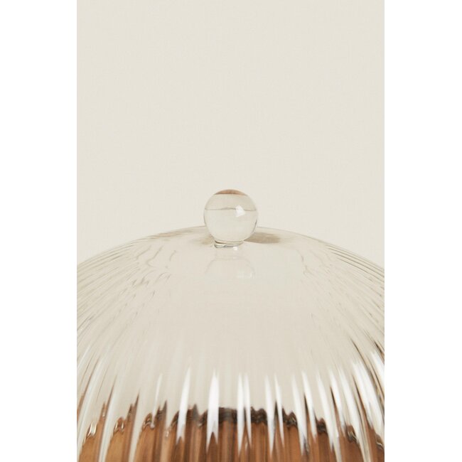 Ribbed Glass Cake Dome with Acacia Tray