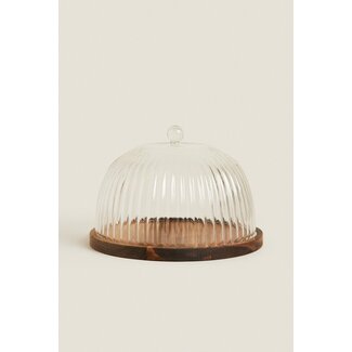 Ribbed Glass Cake Dome with Acacia Tray