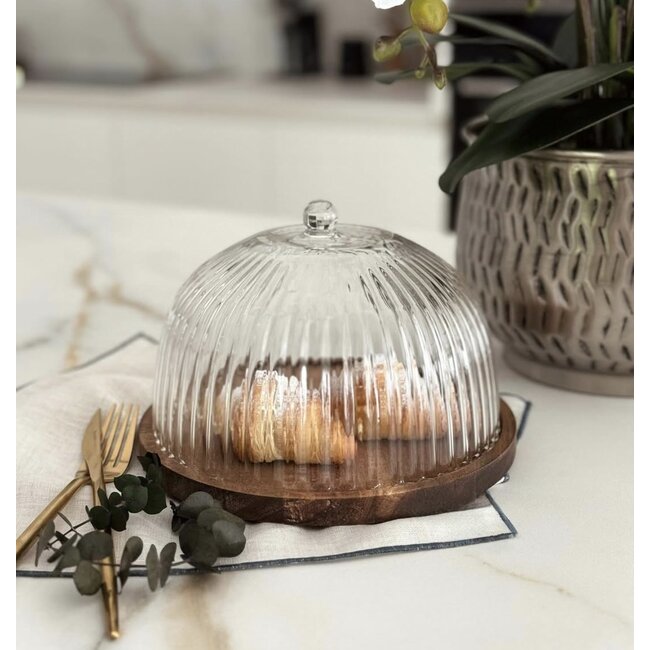 Ribbed Glass Cake Dome with Acacia Tray