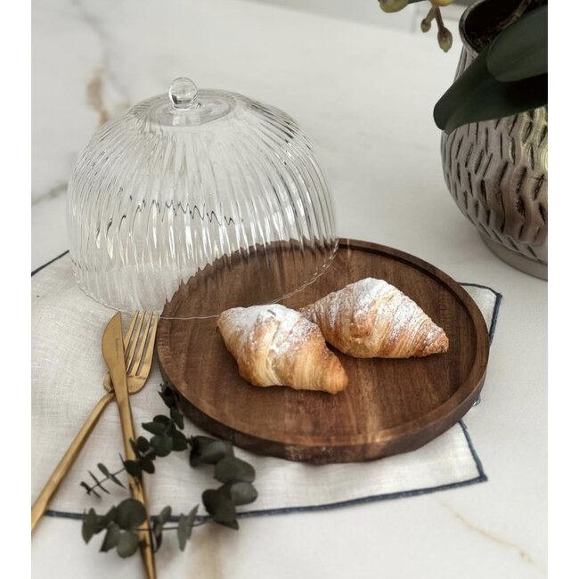 Ribbed Glass Cake Dome with Acacia Tray