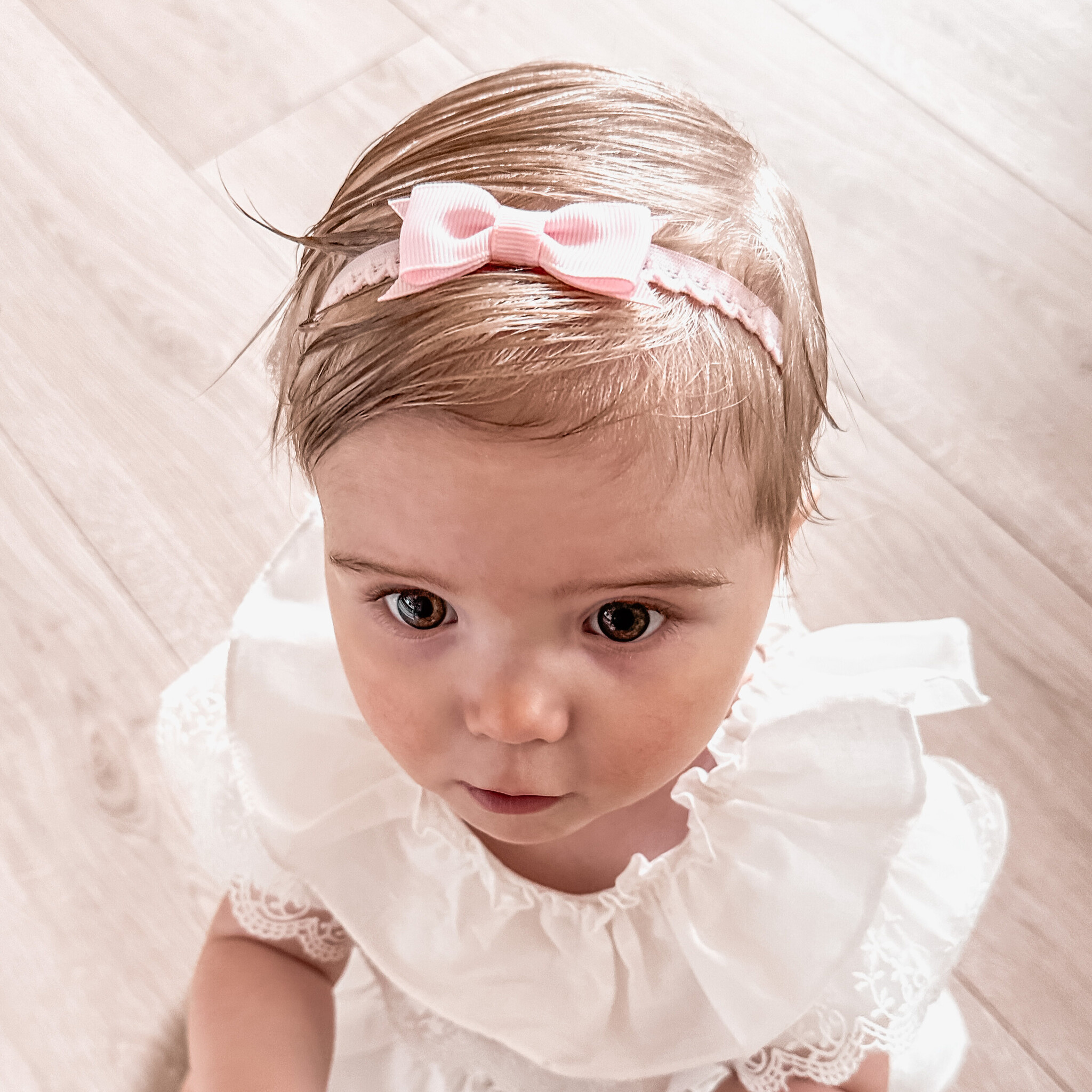 Fascia per capelli neonata con fiocco in pizzo - Light pink