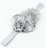 Baby haarbandje shabby/satijnen bloemen en strass grijs