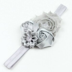 Baby haarbandje shabby/satijnen bloemen en strass grijs