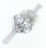 Baby haarbandje shabby/satijnen bloemen en strass grijs