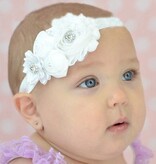 Baby haarbandje shabby/satijnen bloemen en strass grijs