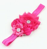 Baby haarbandje shabby/satijnen bloemen en strass fuchsia