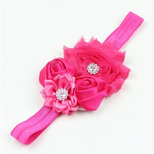 Baby haarbandje shabby/satijnen bloemen en strass fuchsia