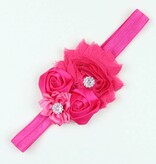 Baby haarbandje shabby/satijnen bloemen en strass fuchsia