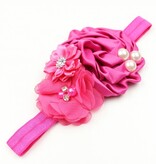 Baby haarbandje satijnen bloemen parel/strass fuchsia
