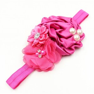 Baby haarbandje satijnen bloemen parel/strass fuchsia