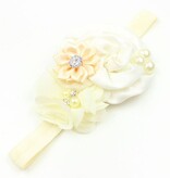 Baby haarbandje satijnen bloemen parel/strass ivoor