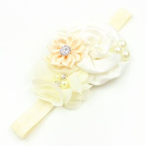 Baby haarbandje satijnen bloemen parel/strass ivoor