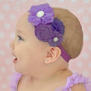 Baby haarbandje bloemen chiffon/satijn/strass (donkerpaars)