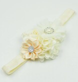 Baby haarbandje bloemen chiffon/satijn/strass (ivoor)