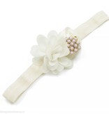 Baby haarbandje bloemen satijn/chiffon met parels (ivoor)
