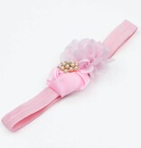 Baby haarbandje bloemen satijn/chiffon met parels (roze)