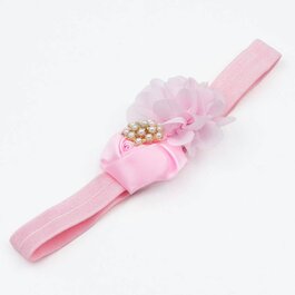 Haarbandje bloemen satijn/chiffon met parels (roze)
