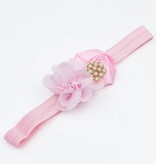 Baby haarbandje bloemen satijn/chiffon met parels (roze)