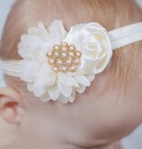 Baby haarbandje bloemen satijn/chiffon met parels (grijs)